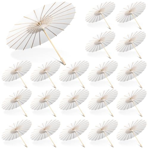 Sanwuta 20 Pcs 23.6'' Paper Parasol Umbrellas Chinese Japanese Oil Paper Parasols Handmade for Wedding Guest DIY Photo Props(White)