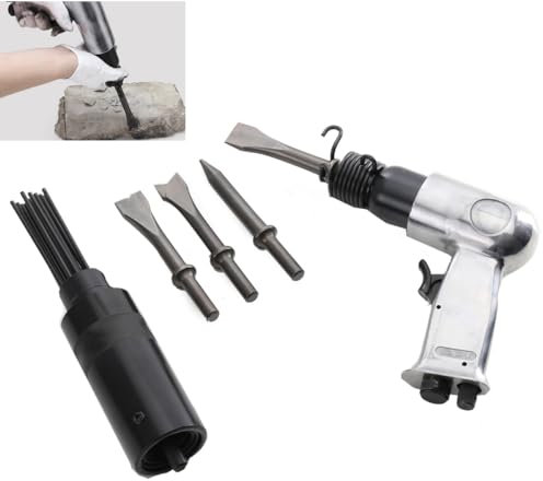ECUTEE Drucklufthammer Druckluft Meißelhammer Set 4-tlg Meißel Set Meißelsatz und Nadelentroster für Stein + Metall, Druckluftmeißel Druckluft Hammerschaufel Werkzeug