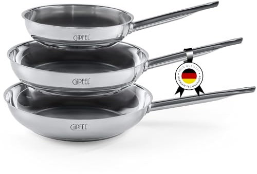 GIPFEL INTERNATIONAL 3 Piece Stainless Steel Frying Pan Set 8, 10, 12 Inch - Tri Ply Stainless Steel Skillet Healthy Cookware - Fry Pans for Induction Gas Electric Ceramic Stove & Oven Safe