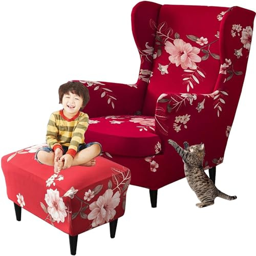 Sesselüberwürfe Elastisch 3-teilig Sesselbezug Ohrensessel Überzug Mit Ottomane Schonbezug Ohrensessel Bezug Bezug Sesselhusse Stretch Husse Für Ohrensessel (Color : #12, Size : Wingback Chair Cover