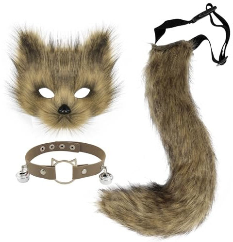 hbbhml Kunstpelz Fuchs Maske Wolf Katze flauschiger Schwanz und Leder Halskette Set Halloween Party Kostüm Accessoire