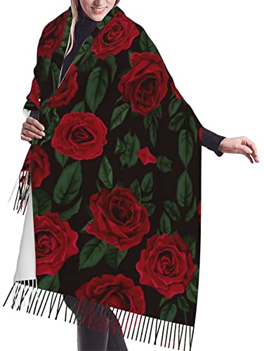 ESASAM Roter Rosen-Druck, stilvoller Kaschmir-Schal mit Fransen, weich und warm für jeden Anlass