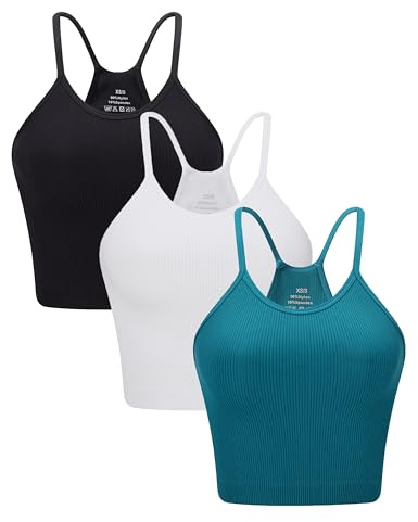 ANGOOL Sport Tank Top Damen Racerback Rippenstrick Ungepolstert Spaghetti Crop Top Seamless Elastische Ärmelloses Rundhalsausschnitt Fitness Yoga Alltagskleidung, Schwarz+Weiß+Teal, XS-S