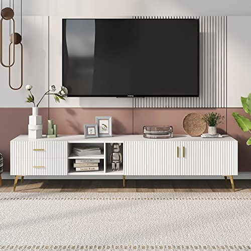 Merax White TV Stand for 75-inchTelevisions Lowboards TV Boards Modern TV Stand Cabinet with 2 Drawers, 180x35x41cm