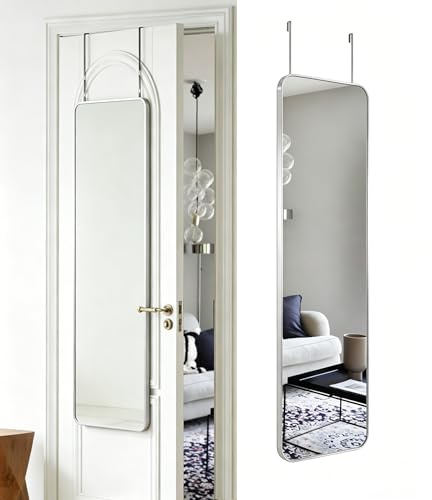 DMWOODFL 48x14 Rounded Rectangle Over The Door Mirror - Full Length Tempered Glass & Aluminum Frame, No Drill Installation for Bedroom, Bathroom, Closet, Entryway (Silver White)