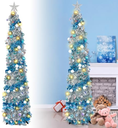 Kalolary Árbol de Navidad Plegable de 5 Pies - Artificial de Lápiz Azul Plateado Con Bolas de Decoración y Adornos Para el Hogar, Fiesta, Chimenea, Decoración Interior