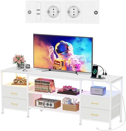 Rcynview tv Board Weiss mit LED Steckdose, für Fernseher bis zu 70 Zoll | Stabiler Stahlrahmen, reibungsarme Fußpolster, TV Schrank für Wohnzimmer Schlafzimmer Heimkinos, 40x160x63cm