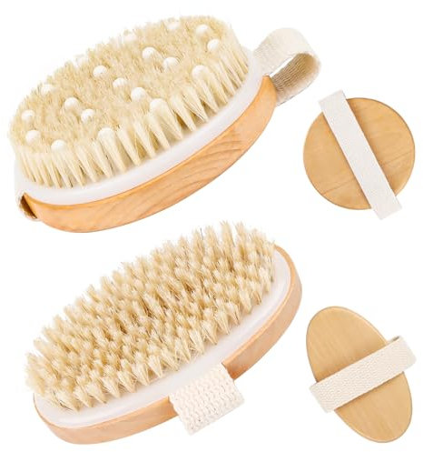 AKONE Trockenbürste Lymphdrainage 2 Stück, Wildschweinborsten Bürste, Massagebürste Körper, Peeling Cellulite Bürste, Verbessern Sie Die Durchblutung, 11cm Runde HandBademassagebürste