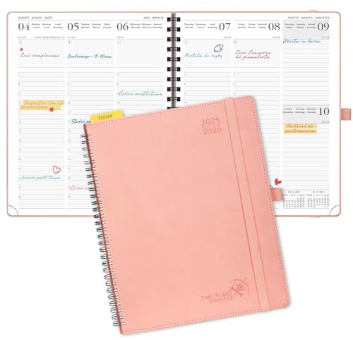POPRUN Agenda 2025 2026 Semana Vista 26,5 x 21,5 cm, Semanal 17 Meses de Ago.2025 a Dic.2026, Planificador en Espiral, Tapa Blanda, 80 GSM Papel, Rosado