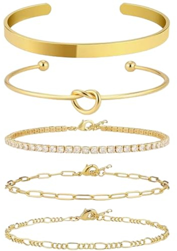L0famy 14K Gold Bracelets Set for Women, Trendy Bangles Stacking Bracelets, Open Cuff Link Chain Bracelet Set, Waterproof Adjustable Gold Plated Paperclip Link Bracelet Pack for Jewelry Gifts (5PCS)