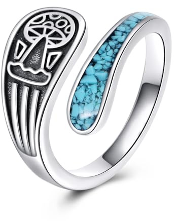 URONE Mushroom Spoon Ring 925 Sterling Silver Mushroom Turquoise Vintage Spoon Ring Open Adjustable Ring Thumb Rings Mushroom Jewellery for Women
