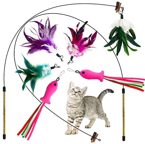 Lepawit Katzenspielzeug, 8 Stück KatzenSpielzeug Teaser mit 2 Stangen, katzenspielzeug Selbstbeschäftigung mit Fish, Natürlich Interaktives Katzenspielzeug für Katzen, Intelligenz Spielzeug mit Federn