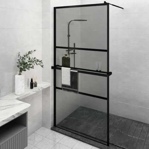 Furniture Select-Paroi de douche avec étagère en verre ESG et aluminium Noir 115 x 195 cm