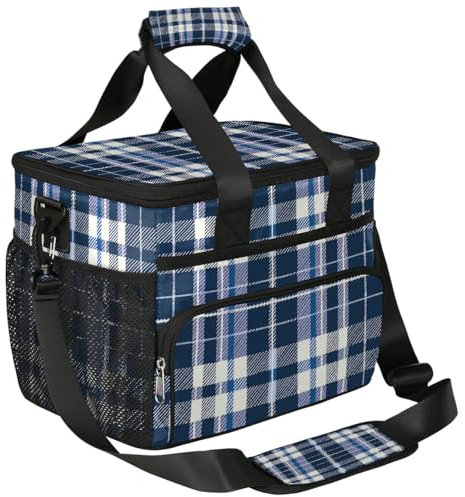 Mexpekil Bolsa de almuerzo aislada grande para mujeres y hombres, trabajo, camping, playa, picnic, 15 L, rejilla azul, bolsa impermeable a prueba de fugas