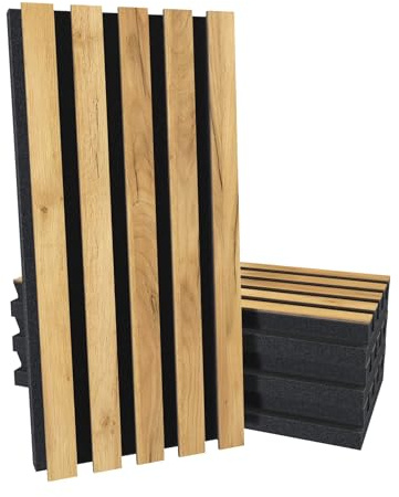 4 Pack — Acoustic Slat Wood (HDF) Pole-HALF Wall Panel Set | Sound Absorption & Diffusion | Noise Reduction & Stylish Decor | 50x25cm | Color: [H-POLE-53mm | Oak]