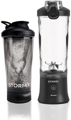 STORMIX Pack Blender & Shaker Électrique – Mixeur Portable 150W – 6 Lames Inox – USB-C Rechargeable – Smoothies, Shakes & Protéines – 600ml – Silencieux – Batterie Longue Durée – Design Compact