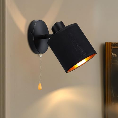 Winverty Wandlampe Mit Schalter Schwarz Stoff Retro E27 350°Drehbar