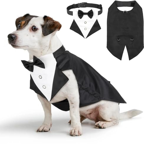 Illumifun Smokinganzug und Bandana-Set, eleganter Hunde-Hochzeitsparty-Anzug mit Fliege, Hemd, Weste, Haustier-Smoking-Kostüm mit abnehmbarem Fliegenkragen (M)