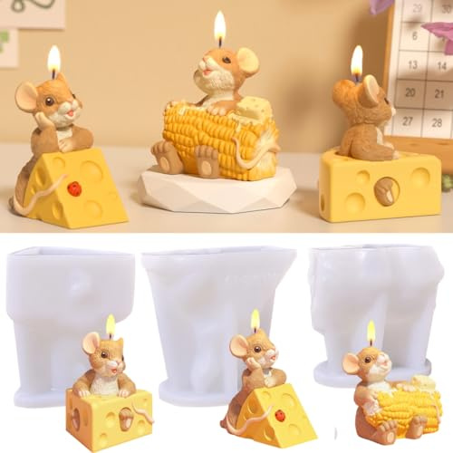 Cartoon Corn Mouse Candle Molds Mouse Cheese Silicone Molds for Resin Mice Shaped Soap Mold Plaster Cake Decor DIY Crafts (3 Pack)
