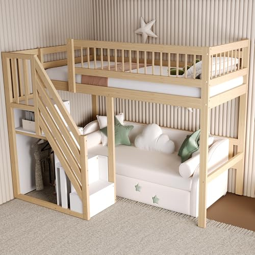 Etagenbett 90x200, Kinderbett Hochbett mit Treppe & Aufbewahrungsschrank, Massivholz Funktionsbett Einzelbett Stockbett Spielbett Kinderhochbett Jugendhochbett mit Lattenrost (Holzfarbe, 90x200CM)
