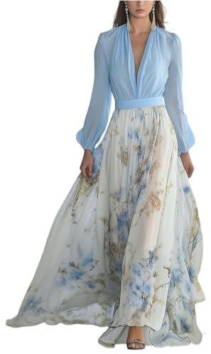 Maxikleider Damen Sommer Mit Ärmel Elegant Blumen Festliche Kleider Lang A Linie Kleid Hochzeitsgast Abendkleid Tailliert Cocktailkleid Festlich Wickelkleid V Ausschnitt Blumenkleid Frauen