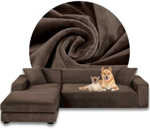 Domidekor Sofa Überzug L-Form – Elastischer Samt Couchbezug, Weich und Wasserdicht – Couch Überzug für 2/3 Sitzer, Universal Sofaüberwurfe mit Anti-Rutsch-Schaumstoffe, Braun, Links