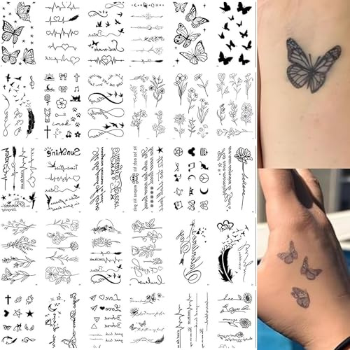 30 PCS Temporary Tattoos – Fine Line Fake Tattoos for Body Art – Realistic Removable Tattoo Stickers with Flowers, Leaves, Words & Patterns – Waterproof Festival Tattoos for Women & Men
