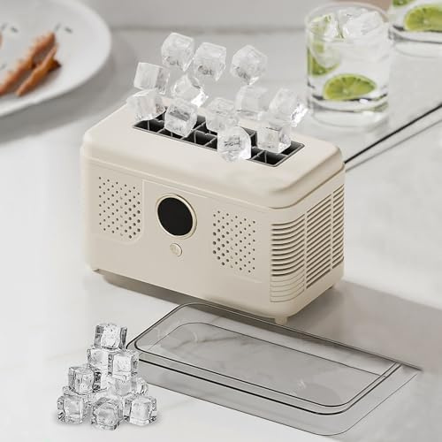 Máquina De Hielo Para Encimera, 12 Cubos En 15 Minutos, Diseño Silencioso Y Portátil DC12V 150W, Cubierta Superior Extraíble, Para El Hogar, Fiestas, Campamentos Y Viajes (Blanco crema)
