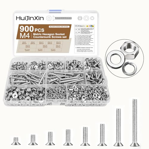 900 Pcs M4 Countersunk Bolts and Nuts Sets, Flat Head Hex Socket Head Cap Screws Assortment Kit, Stainless Steel Countersunk Machine Screws Assorted Nuts and Bolts with Washers