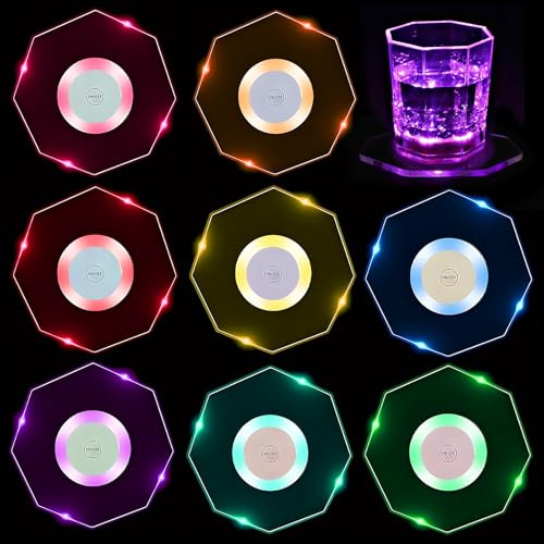 Lot de 8 dessous de verre LED multicolores avec 7 modes d'éclairage - En acrylique - Ronds - Imperméables - Pour boissons, bouteilles, fêtes, mariages, bar, Noël