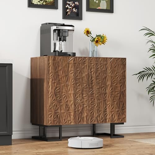 hrijusdif Buffet Commode 80 × 40 × 78 cm – Série poésie feuilles – Aspect noyer foncé avec renflement des feuilles – Portes push-to-ouvertes, pieds en métal – Design moderne pour salon et couloir