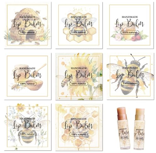 CRASPIRE 80Pcs 8 Styles Lip Balm Sticker Bumblebee Self-Adhesive Homemade Lip Balm Labels Honey Vintage Square DIY Label Stickers for Cosmetics Lipsticks Containers Christmas Birthday Gift