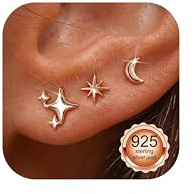 Finrezio 3 Paar Medizinische Ohrstecker Silber 925 Damen Hypoallergene | Ohrringe Stecker Stern Mond Klein Mini Flatback Ohrstecker mit Flachem Verschluss Piercing Ohr Schmuck Gold/Silber/Rosegold