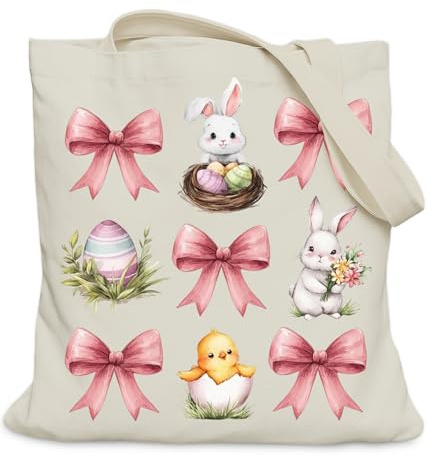 LUERHUI Easter Rabbit Gifts Tote Bag for Women Girls, Pink Bow Rabbit Tote Bag for Easter Spring