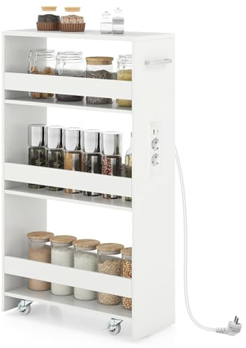 GIANTEX Carrello Portafrutta con Ruote, 4 Livelli, Carrello Cucina Salvaspazio di Servizio Stretto, da Bagno, Scaffale da Cucina Sottile 47,5 x 20 x 80,5 cm (Bianco+Bianco, Largo 20cm, con presa)