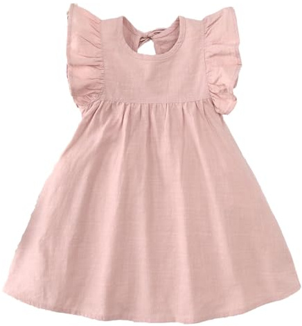 Eqenkely Elegante Vestido de Princesa Fiesta Niñas Algodón y Lino Sin Manga Vestidos Festivo para niños 2-7 Años Rosa 3-4 Años