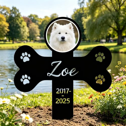 zouwii Piquet en forme de croix commémoratif pour animal de compagnie avec cadre photo – Marqueur funéraire personnalisé pour chien et chat, cadeau de condoléances de jardin en métal avec empreintes