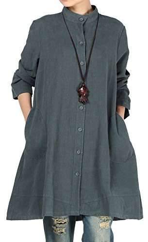 Vogstyle Damen Herbst Baumwolle Leinen Voller vorderer Knopf Blouse Kleid mit Taschen Style 1 X-Large Dark Green