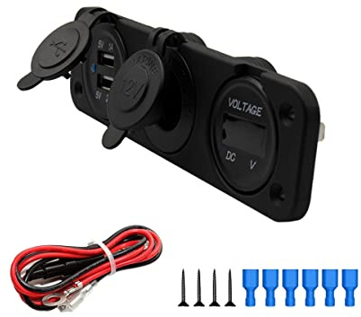 MMOBIEL Cargador Dual USB Universal contra Agua con 3 Ranuras y LED Ent: 12V-24V Sal: 5V 2.1A y 1A para Encendedor eléctrico de Alta Velocidad de automóviles y más vehículos Incl Voltímetro y cableado
