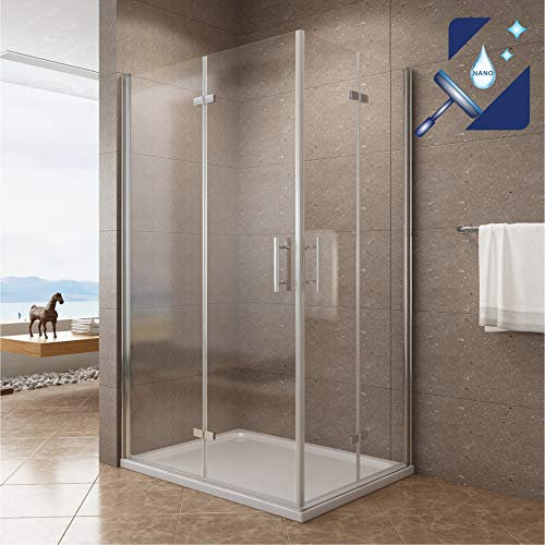 Duschkabine Eckeinstieg Falttür 120x100 x 195 cm Eckdusche 180º Faltbar & Klappbar Duschtür Duschwand Glas Duschtrennwand aus 6mm Sicherheitsglas (ESG) mit Nano Beschichtung | AQUABATOS