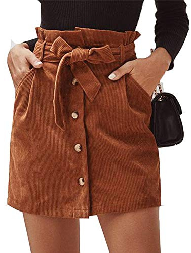Susupeng Women Paperbag High Waist Elastic Belted Corduroy Button Front with Pockets Short Mini Skirt(X-Large, Brown)