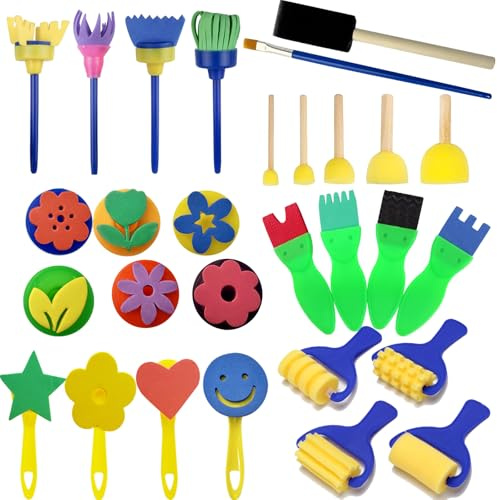 PHOGARY 29pcs Schwamm Pinsel Set Kinder,Kinder Malwerkzeuge Set für Früherziehung DIY-Lernen, einschließlich Schaum Pinsel, DIY Muster Pinsel Set