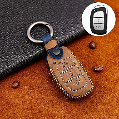 ontto Rindsleder Autoschlüssel Hülle Cover für Kia Hyundai Tucson 2019 I40 IX20 IX30 I20 Elantra Mistra Santa Fe Schlüsselhülle mit Schlüsselanhänger Schlüssel Schutz Etui Fernbedienung 3 Tasten-Braun