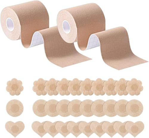 HSAJS 2 Rouleau de Poitrine et 15 Paires de de Cache-tétons,Boob Tapeet,Soutien Gorge adhesif Breast Lift Tape pour A-E Cup,Ruban de Levage de Poitrine Respirant Bricolage (Kaki)