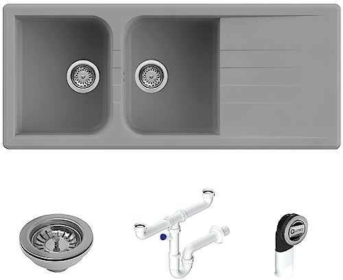 Quareco Prime 116 Lavello da Incasso Granito Grigio 116x50 2 Vasche con Gocciolatoio QLP116GR