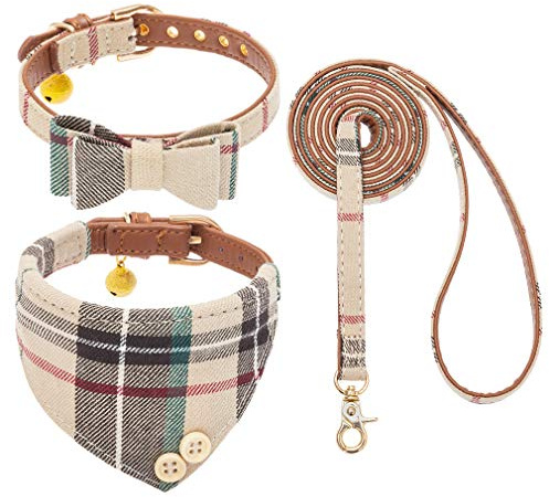 EXPAWLORER Valphalsband och koppel set – klassisk rutig fluga och hundbandana-halsband med söt klocka, inget trassel med hundkoppel, justerbart hundhalsband för små,
