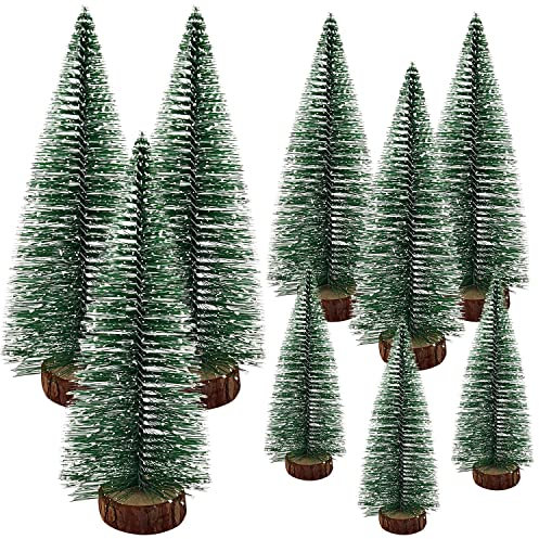 Mini árbol de Navidad, 9 unidades, miniatura artificial, árbol de Navidad DIY, sisal nieve, árboles helados con base de madera para decoración de mesa