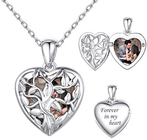SILVERCUTE Damen Foto Kette personalisiert Baum des Lebens Herz Anhänger zum Öffnen 925 Sterling Silber Herz Medaillon Photo Bild Amulett Schmuck für Valentinstag Weihnachten
