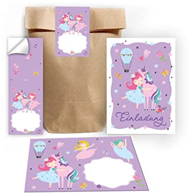 Junapack 12 Einladungskarten zum Kindergeburtstag Mädchen Ballerina mit Einhorn incl. 12 Umschläge, 12 Tüten/natur, 12 Aufkleber