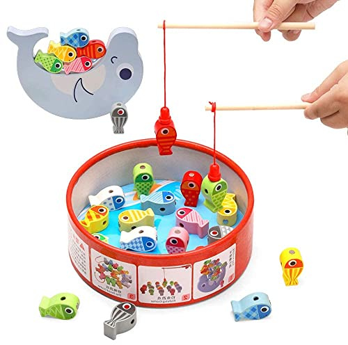 Magnetische Angelspiel 3 in 1, 18 Stück Holzspielzeug Fädelspiel, Montessori Spielzeug ab 3 Jahre, Lernspiele Motorikspielzeug, Geschenk für Kinder Mädchen Jungen 2 3 4 Jahre